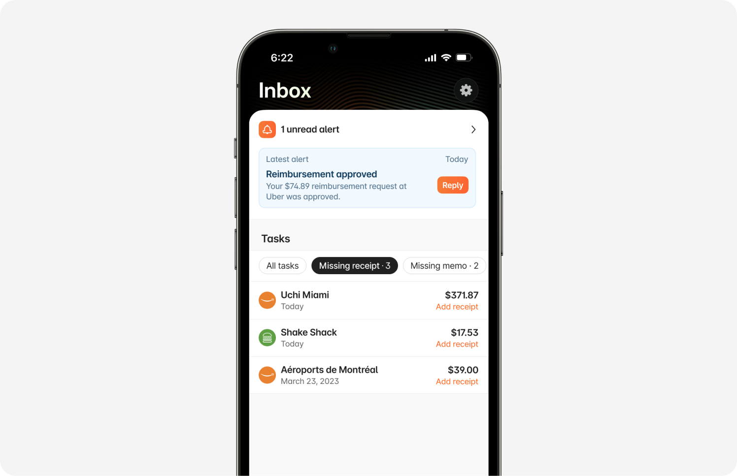 Inbox tab: Brex mobile app