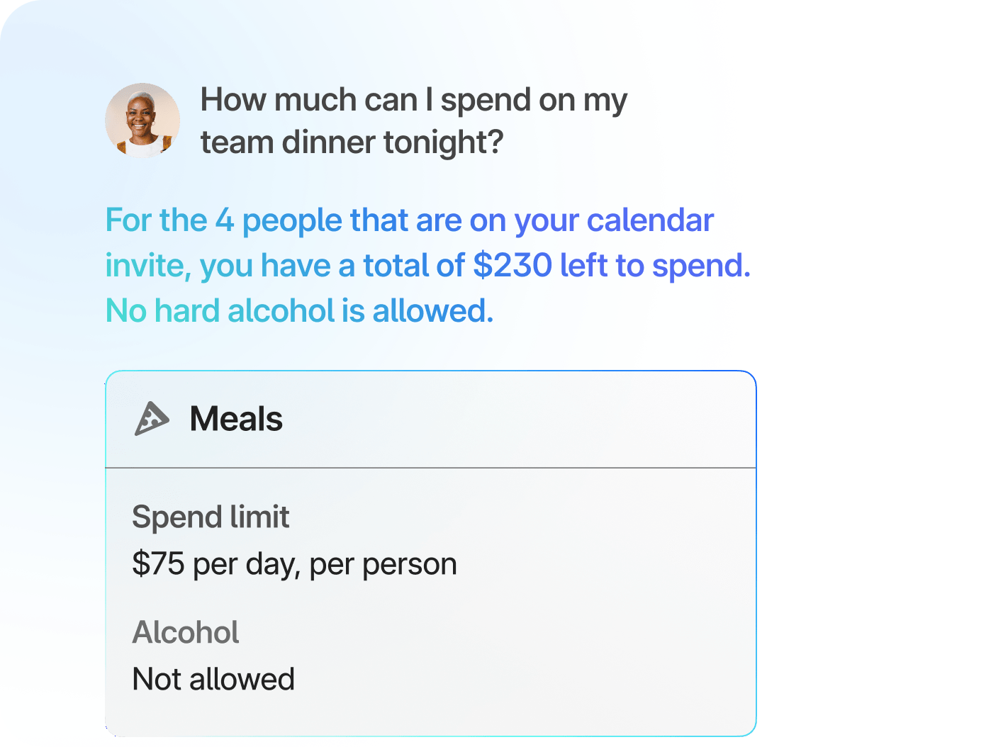 A person asking Brex AI how much they can spend on a team dinner. 