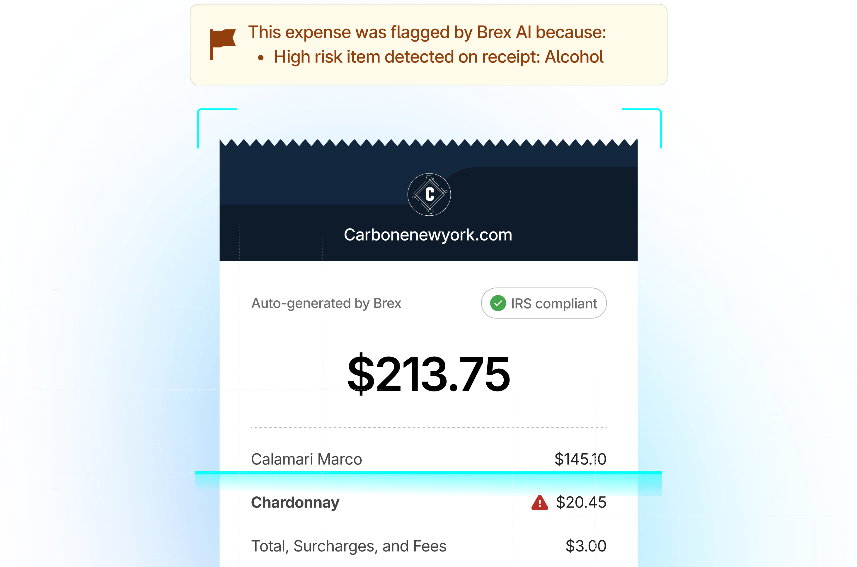 A receipt uploaded to brex that indicates an employee violated the alcohol expense policy. Above the receipt it says the a high risk item detected on receipt: Alcohol. 