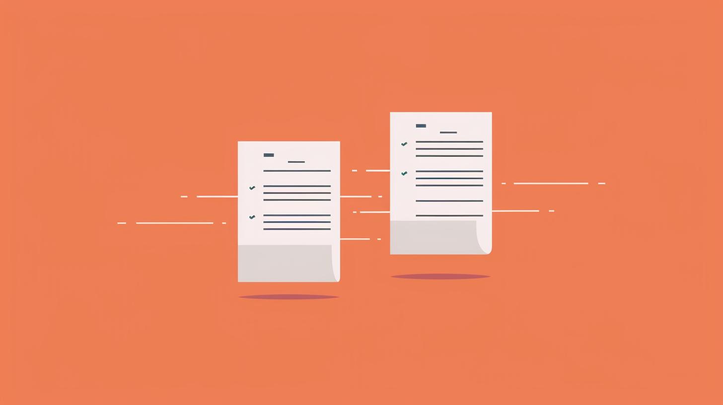 Minimalist infographic comparing purchase order and invoice, two paper documents with text lines, In between the two documents is a line that connects them, orange (#FF5900) background, clean vector style, no gradients. hyperrealistic, 8k resolution --ar 16:9 --v 6 Job ID: 1845c15d-bc19-43d6-9fa0-22704f2b9faa