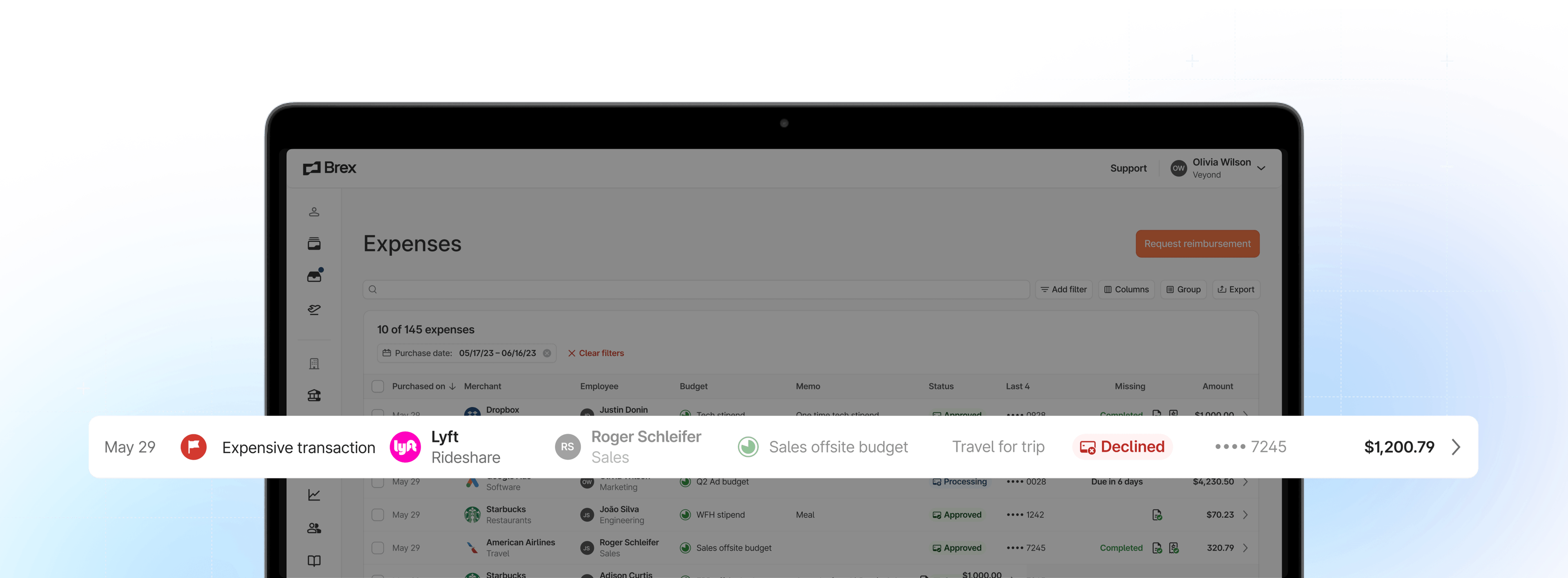 An expense report in Brex that shows an employee getting rejected for spending $1,200.79 on lyft during an offsite.