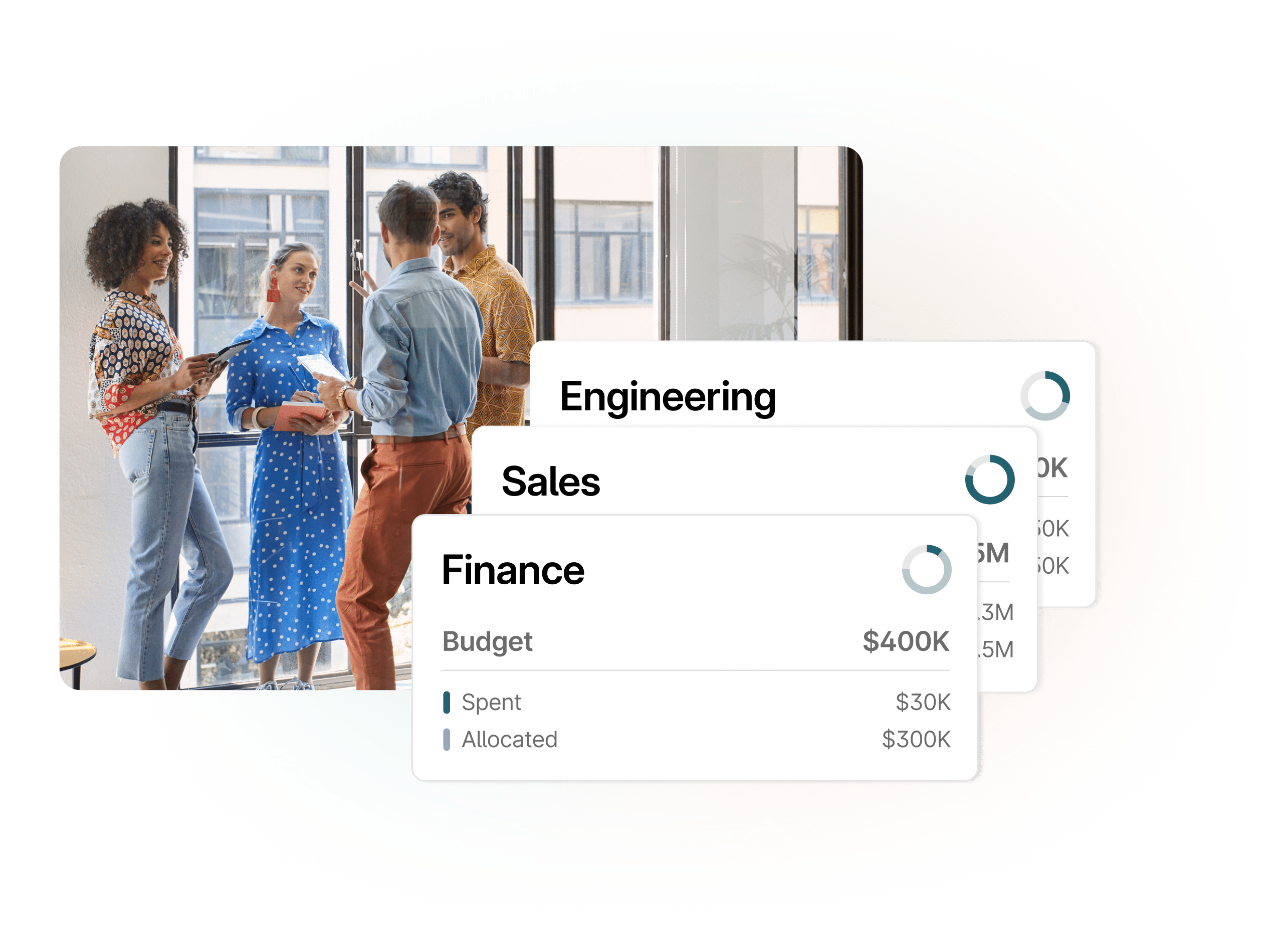 Four people speaking about budgets for engineering, sales, and finance.