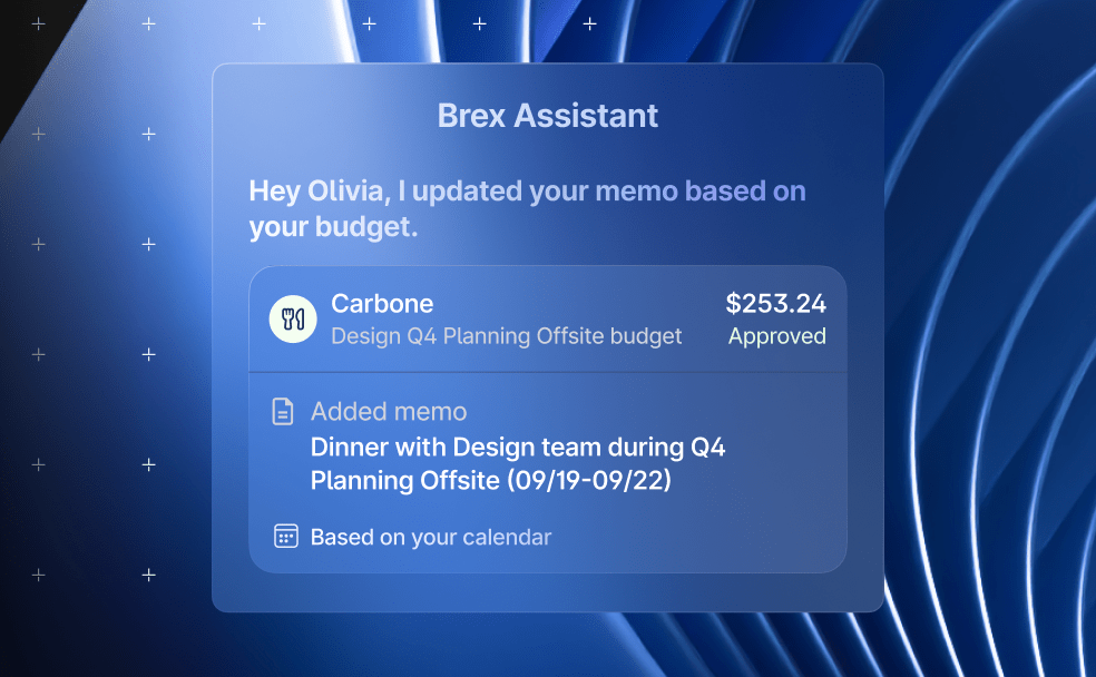 Brex assistant adding a memo to a offsite expense. 