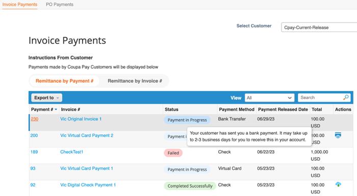 What invoice payments in Coupa look like in the dashboard.
