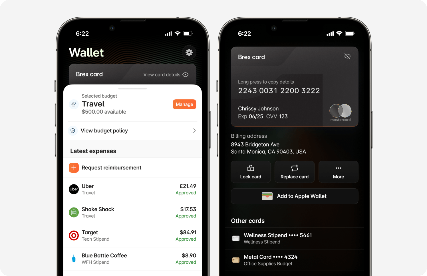 Wallet tab: Brex mobile app