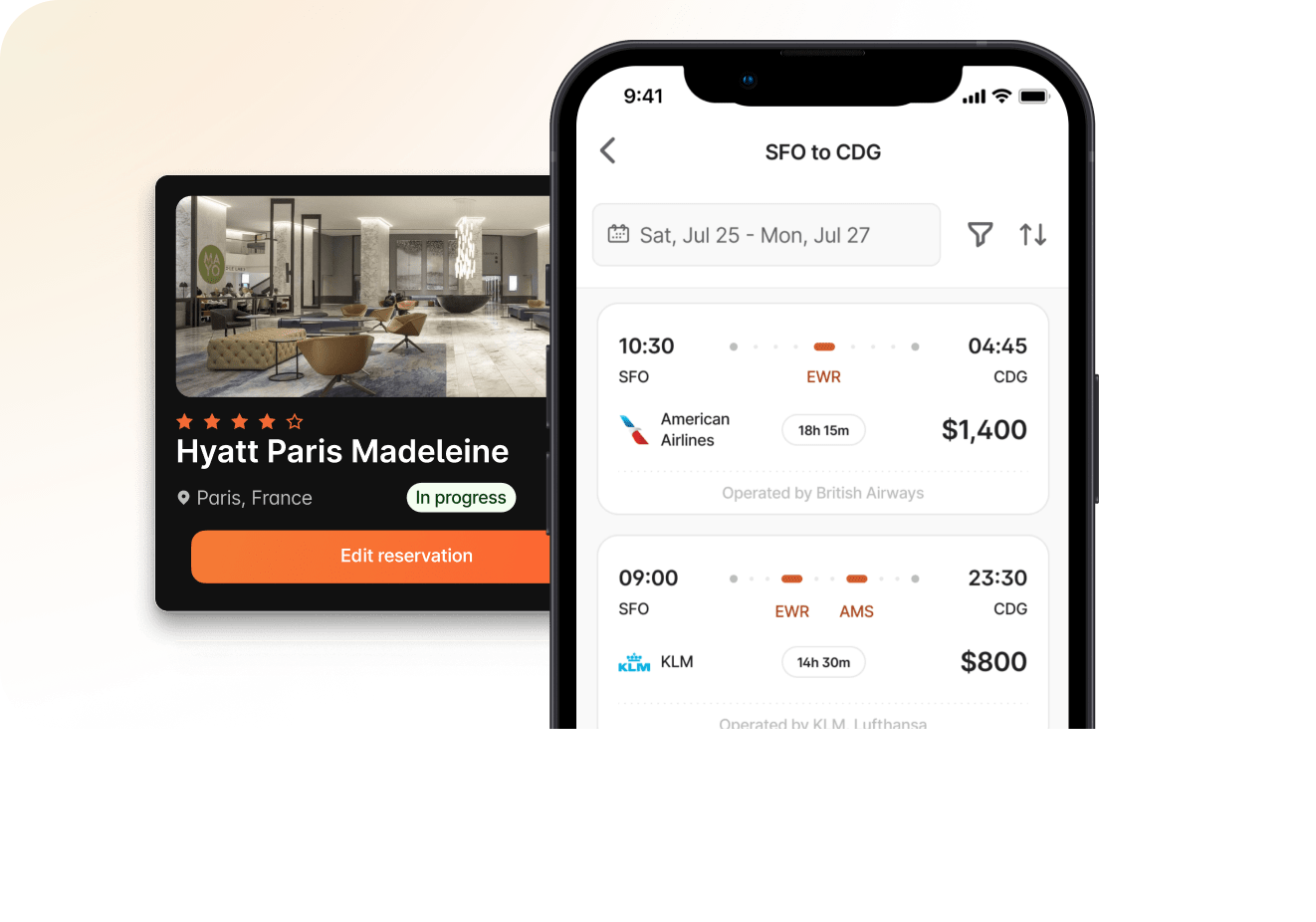 A mobile phone showing flights from San Francisco to Paris in the Brex app. 
