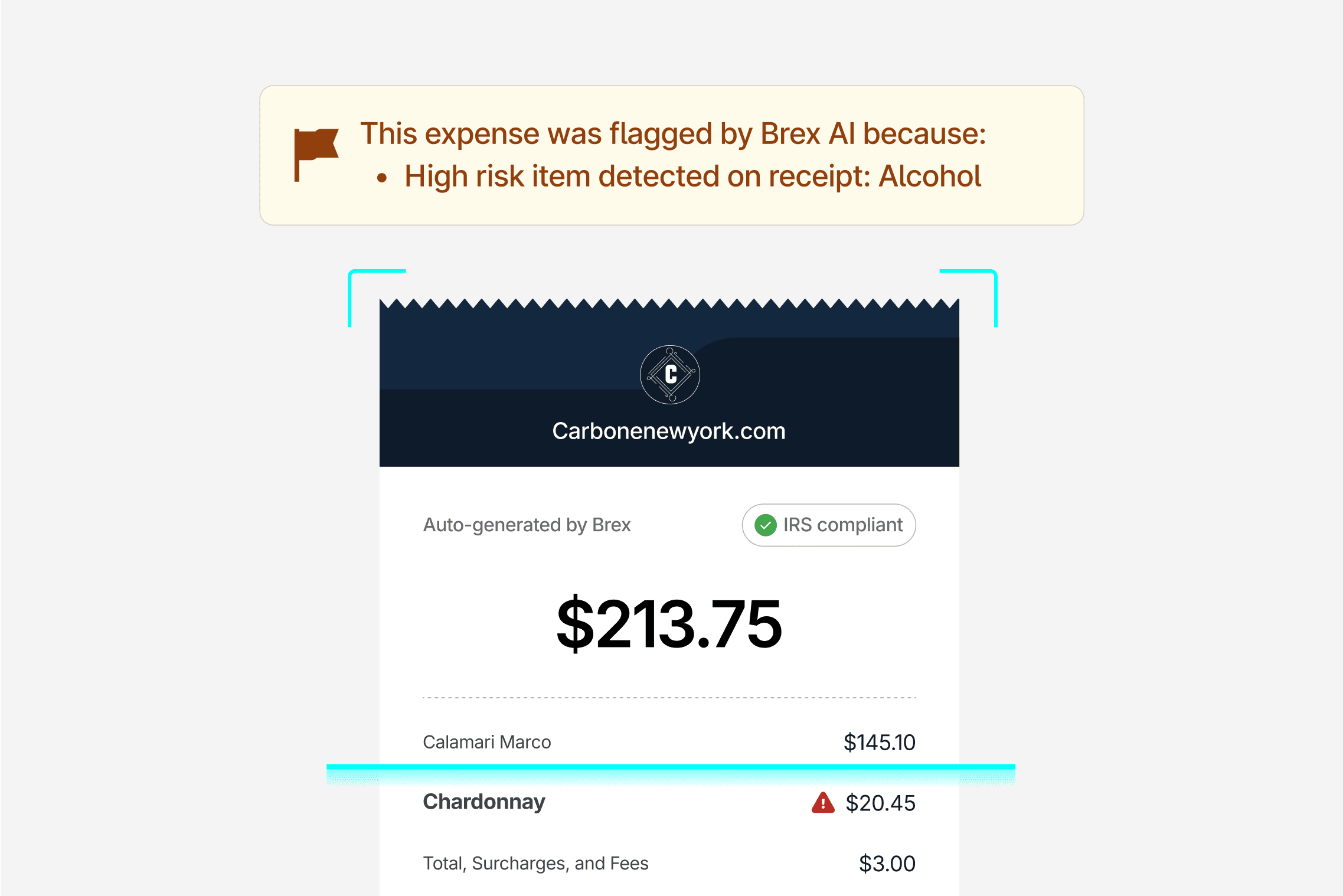 Alcohol on an uploaded receipt being flagged by Brex AI.