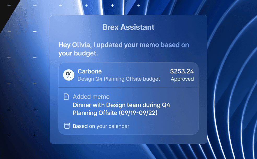 Brex assistant adding a memo to a offsite expense. 