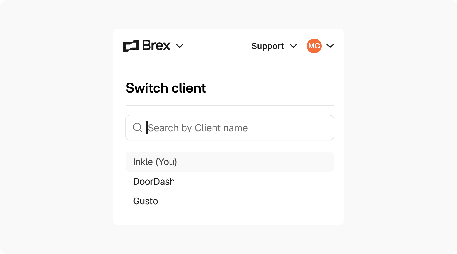 UI of a search bar and list of clients