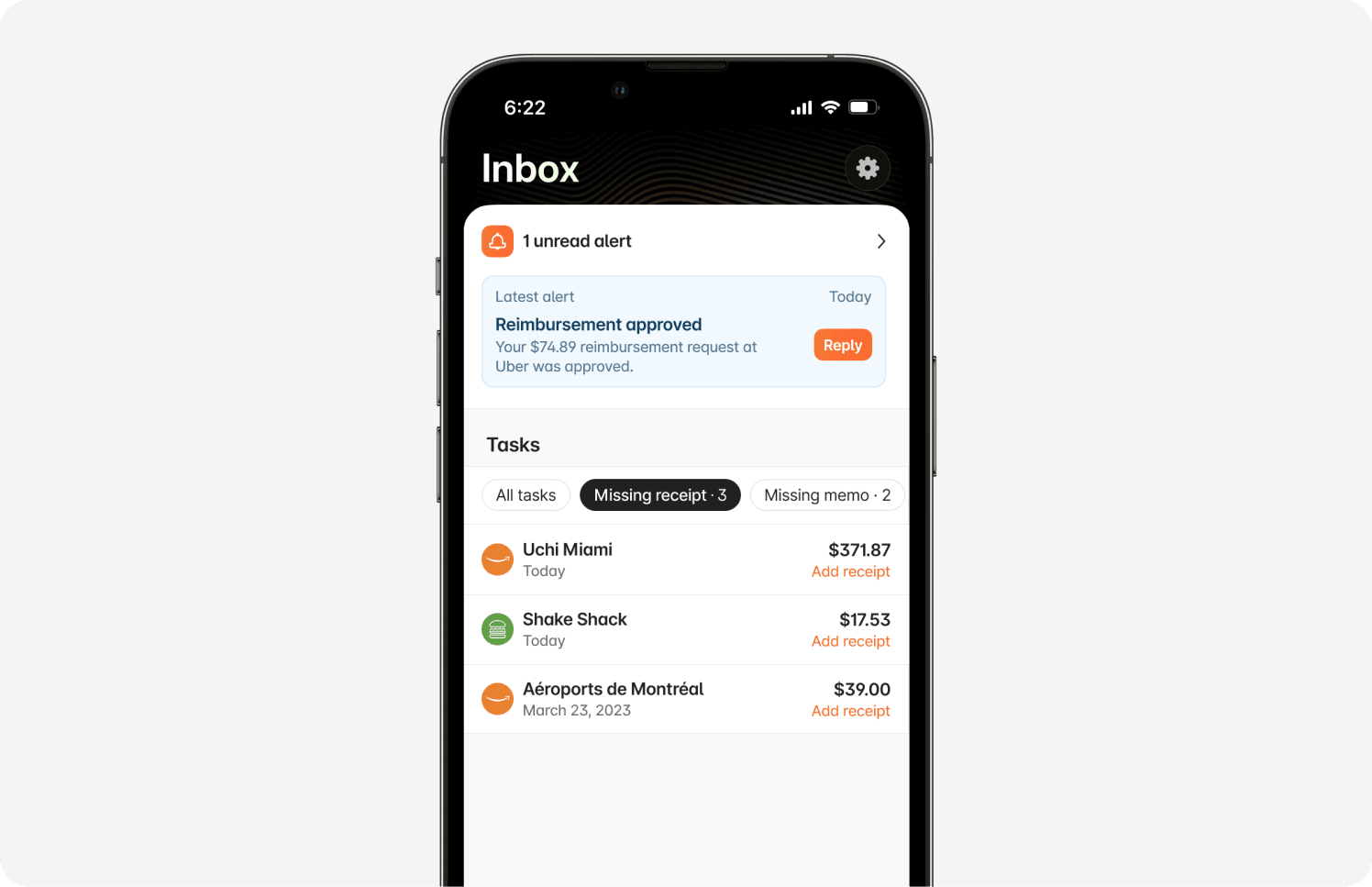 Inbox tab: Brex mobile app