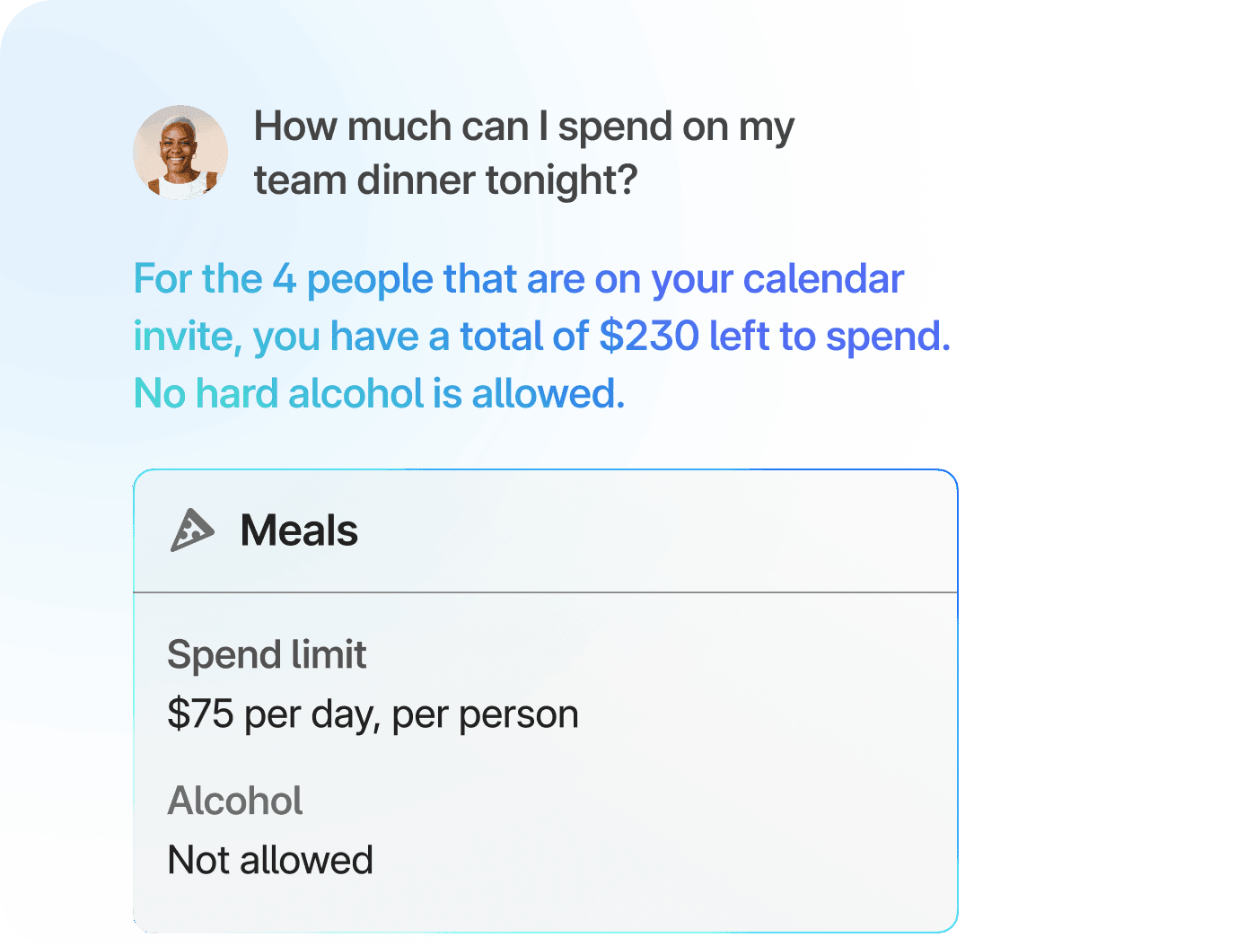 A person asking Brex AI how much they can spend on a team dinner. 