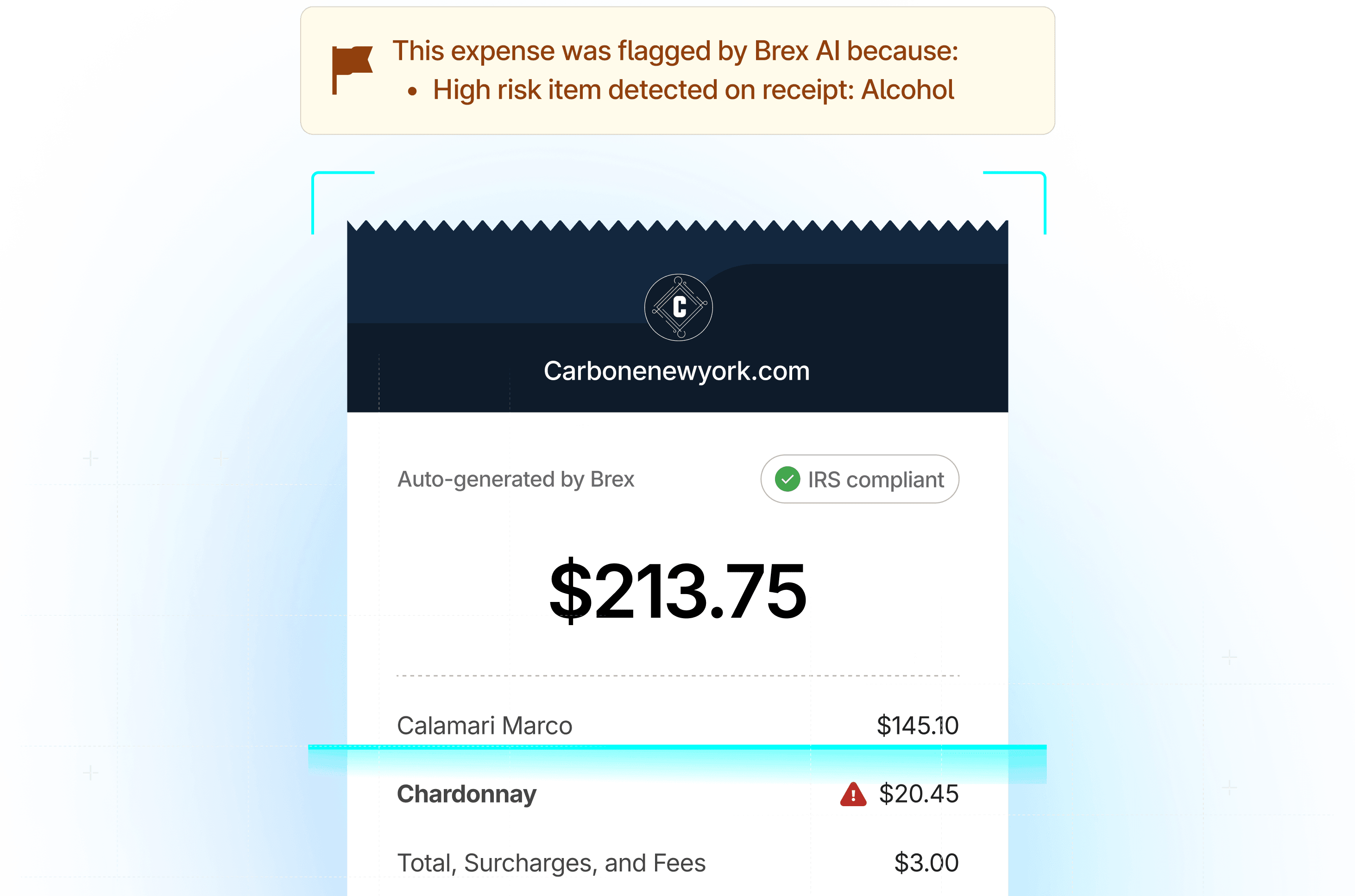 Alcohol being flagged by Brex AI on a receipt that was submitted by an employee who had dinner at Carbone New York.