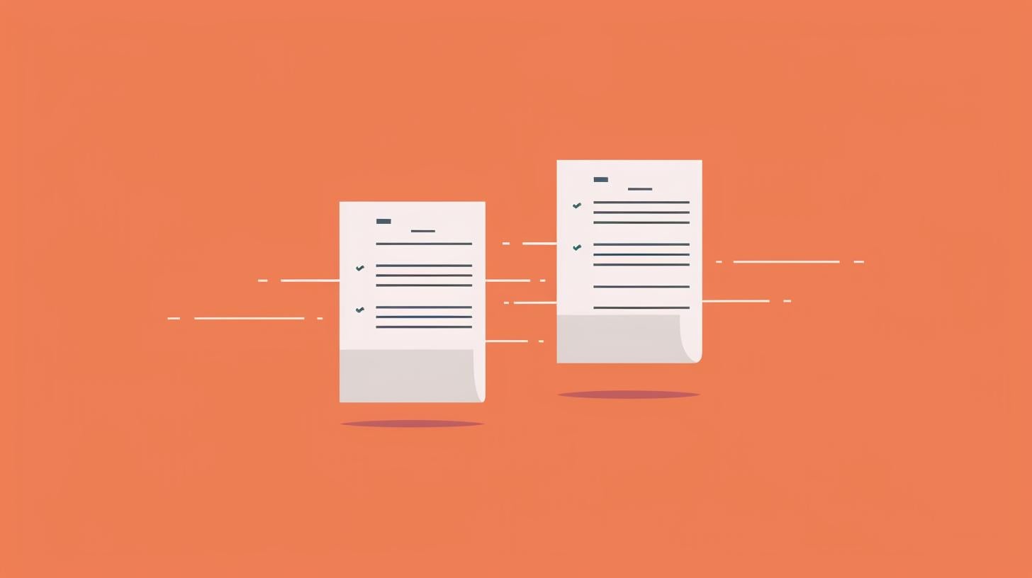 Minimalist infographic comparing purchase order and invoice, two paper documents with text lines, In between the two documents is a line that connects them, orange (#FF5900) background, clean vector style, no gradients. hyperrealistic, 8k resolution --ar 16:9 --v 6 Job ID: 1845c15d-bc19-43d6-9fa0-22704f2b9faa
