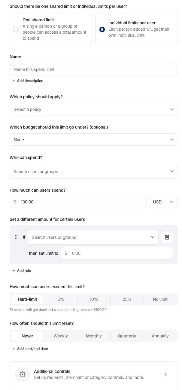 The various spend limits that can be setup in Brex.