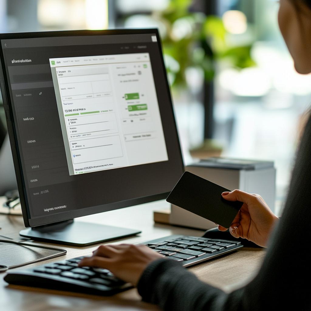 business payment with someone at a computer paying a bill digitally with black credit in hand --raw --stylize 50 --v 6.1 Job ID: b1b3e9e3-4e88-4645-9f68-32d81553fa66