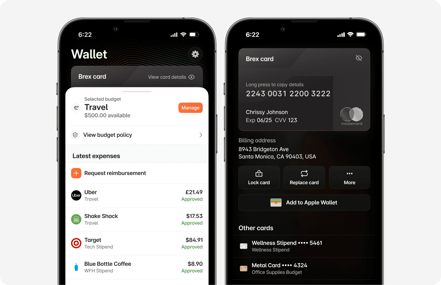 Wallet tab: Brex mobile app
