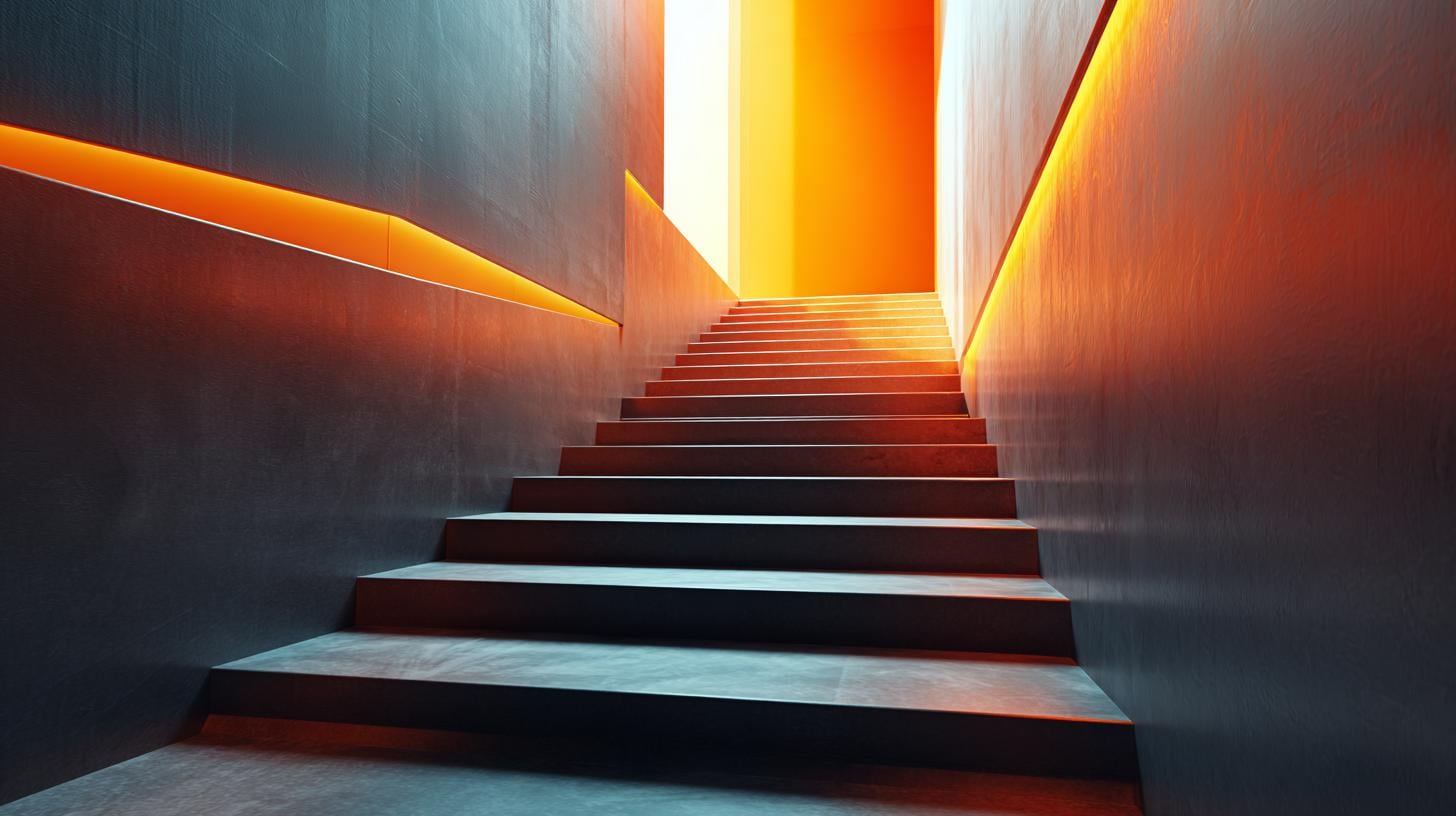 https://s.mj.run/Mfu2sP3tlCo stairs only, upwrard, future looking, startup banking vibe, sleek modern design, minimalist style, clean lines, professional business aesthetic, brand colors of orange and black accents, cinematic lighting, 4K resolution, --ar 16:9 --v 7 Job ID: 6fa529da-0412-450d-854f-f19640c96c20