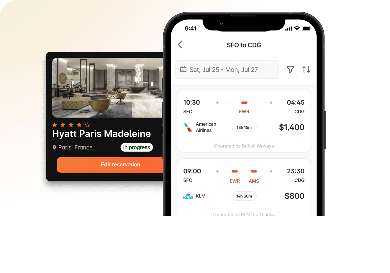 A mobile phone showing flights from San Francisco to Paris in the Brex app. 